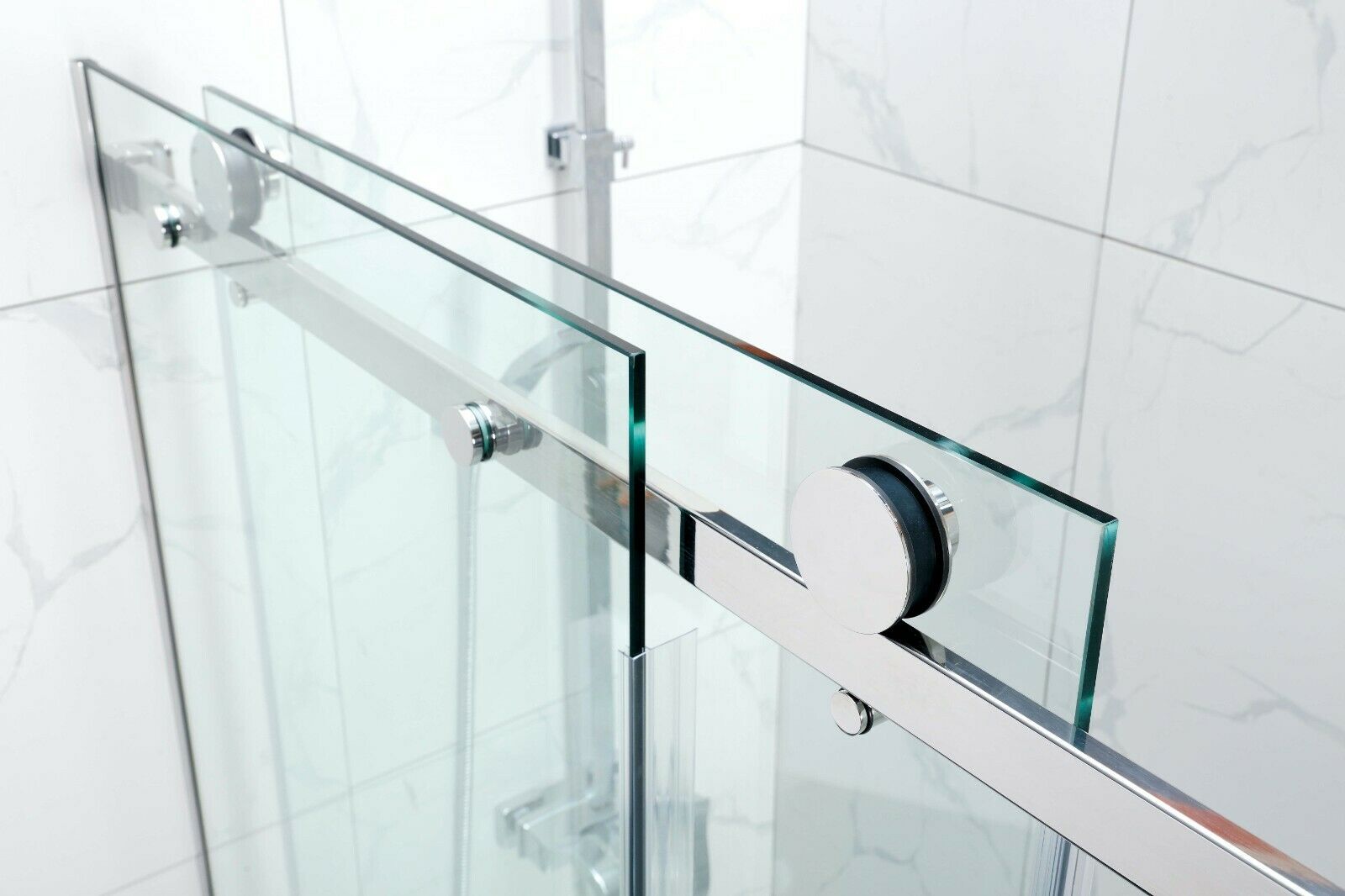 100cm Wall-to-Wall Frameless Shower Screen  White U-Brackets with SS Hinges & Round Knob Handle